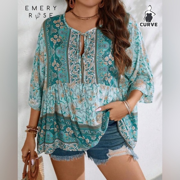Emery Rose Tops - Teal Blue V-Neck Boho Blouse